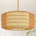 23 inch Natural 5 Light Rattan Light Fixture Woven Pendant Lights Rattan Farmhouse Chandeliers Fabric Shade Boho Chandelier for Dinning Room Kitchen