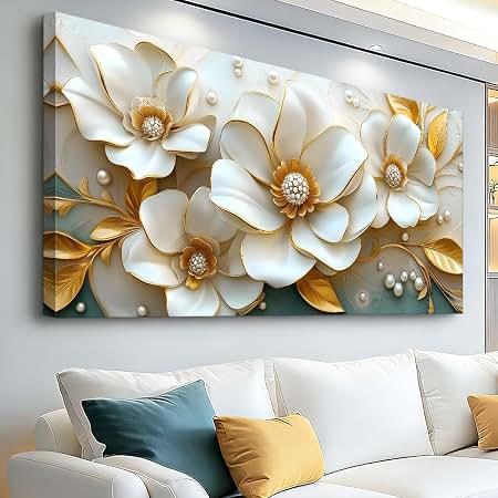 Large Floral Canvas Wall Art Gold White Plant Abstract Decor 29x58 Inch Painting Pictures Modern Nordic Botanical Flowers Posters Prints for Living Room Dining Room Bedroom Office Hallway Home Decoration