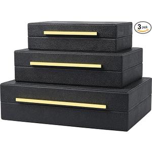 Black Shagreen Box Faux Leather Set Of 3 Pcs Storage Decorative Boxes,Modern Stacking Decorative Boxes with Lids For Home Decor Coffee Table Top Storage Jewelry Box Organizer