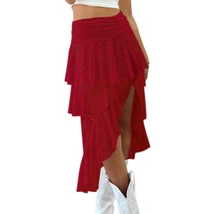 Yousify Womens Lace Midi Skirts High Waist Y2K Asymmetrical Layered Flowy Fairy Skirts Floral Beach Long Skirt (Red, XL)