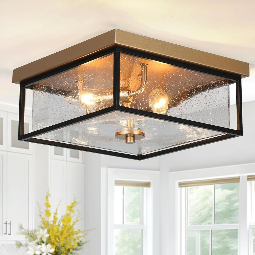 Square Flush Mount Ceiling Light, Black Gold Hallway Light Fixtures Ceiling, Mid-Century Modern 3-Light Close to Ceiling Light with Seeded Glass Shade for Bedroom, Kitchen and Foyer