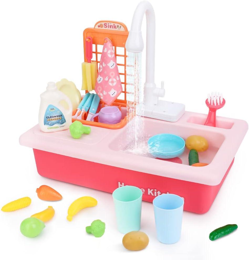BOBXIN Play Sink with Running Water, Kids Pretend Play Kitchen Toy Sink for Toddler, Role Play Electric Dishwasher Kitchen Water Toys Set with Upgraded Working Faucet and Dishes Playset for Girl Boy (Pink)