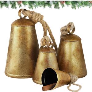 Fovths 4 Pack Huge Christmas Cow Bells Giant Hanging Metal Cone Bells Vintage Harmony Cow Bells with Rope for Christmas Garland Decor Xmas Tree Wind Chimes Crafts