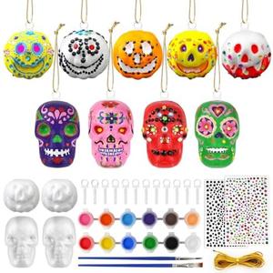 12 Set Halloween Crafts Kits, Foam Halloween Tree Ornaments, Dia De Los Muertos Arts and Crafts Decorations Supplies with Pumpkin Sugar Skull Stickers Paint for Classroom Party Favors