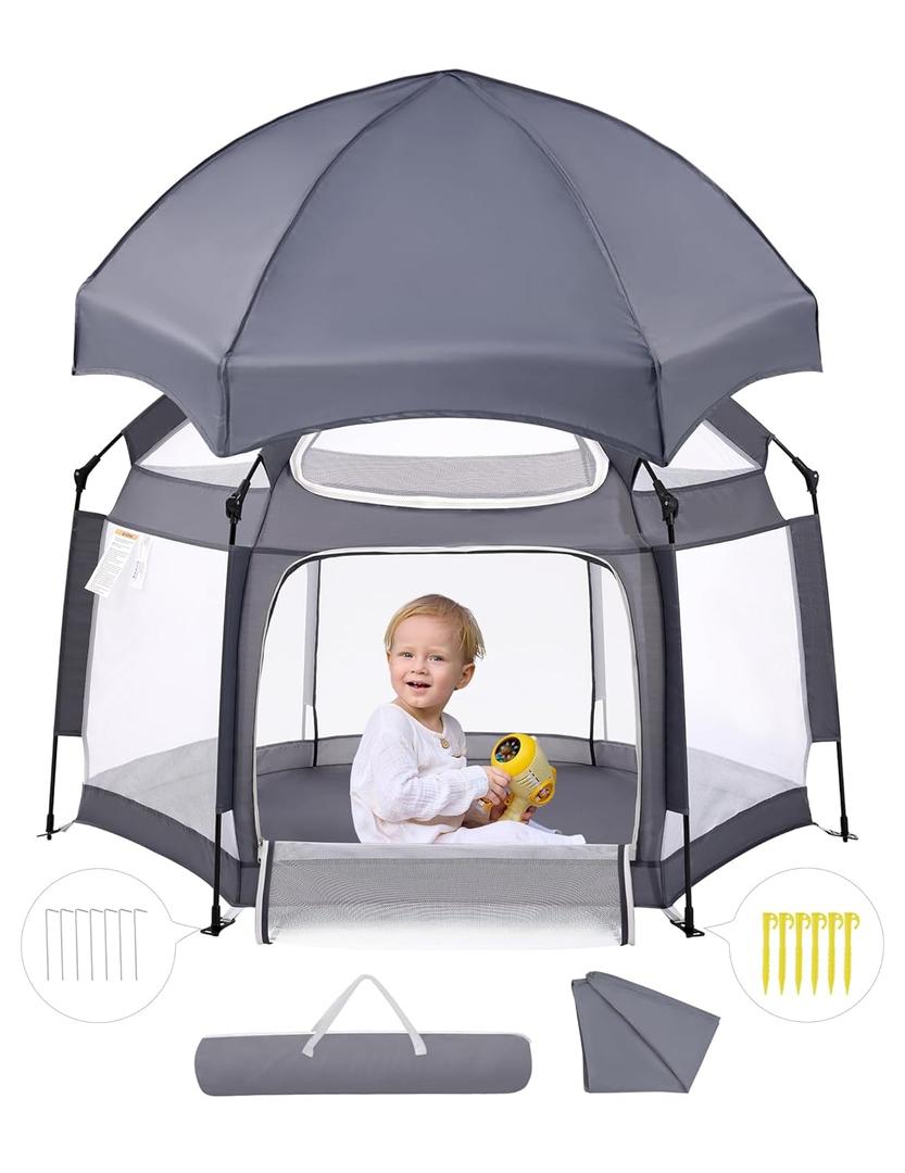 Babelio Baby Playpen with Canopy, Pop up Toddler Tent, Travel/Nap, Indoor and Outdoor, Portable&Foldable, Beach Tent, Sun Protection, Double-Door, One-Touch Storage - Grey