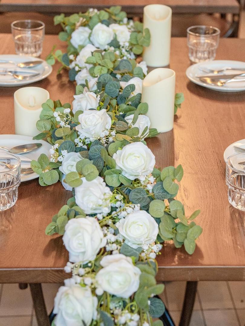 6FT Artificial Eucalyptus Garland with Flowers, 10 White Roses Baby Breath Garland Floral Greenery for Wedding Party Centerpiece Table Runner Backdrop Wall Decor Decoration