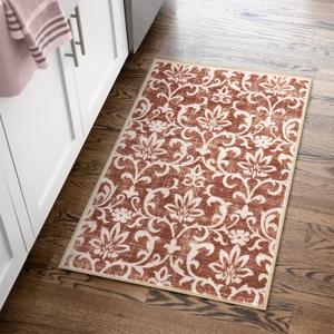 Vintage Floral Rugs for Living Room, 3x5 Washable Area Rug for Bedroom, Soft Low Pile Indoor Non-Shedding Accent Rugs for Nursery Playroom Dinning Room, Red Brown