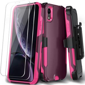 Xmon for iPhone XR Phone case, [Shockproof] [Belt Clip Kickstand] [2X Tempered Glass Screen Protector] Heavy Duty Cover for iPhone XR 6.1 inch (Wine)