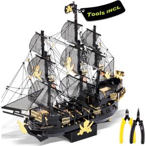 Piececool 3D Metal Puzzles for Adults, Black Pearl Pirate Ship Model Kits with DIY Tools, Watercraft Metal Model Building Kit for Birthday Christmas Gifts