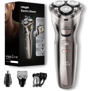 Rechargeable Electric Razor for Men: 3-in-1 Shaver for Beard/Nose/Sideburns - IPX7 Waterproof Travel Kit - Turbo Speed & Precision Blades, Glossy Silver (Midnight Black)