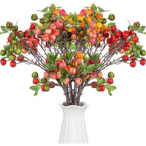 12 Pcs Artificial Fake Apple Branches 21.65 Inches Realistic Faux Berry Stems Fall Decorations for Home Fake Fruit Plant for Vase Filler Centerpieces Harvest Decorations(Vibrant Color)