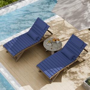 2PCS Outdoor Water-Resistant Olefin Chaise Lounge Cushions with Pillow, Weather and Fade Resistant Foldable Quilted Patio Reclining Lounger Chair Cushions with Straps, Dark Blue, 81"L x 27"W