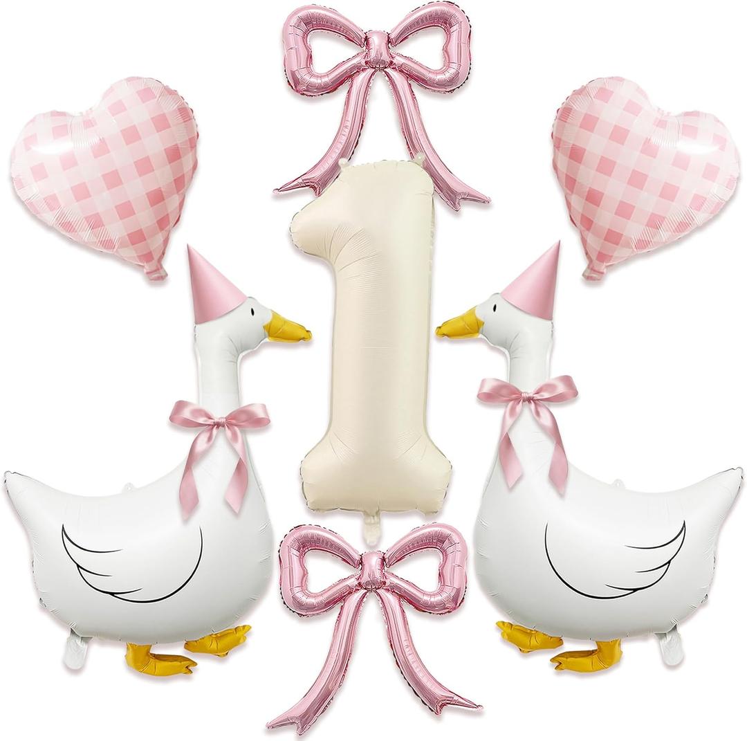 One Silly Goose 1st Birthday Decorations Girl 40 Inch Number 1 Balloon, Goose Balloons with Pink Bow & Hats, Cute Baby Girl First Birthday Party Supplies