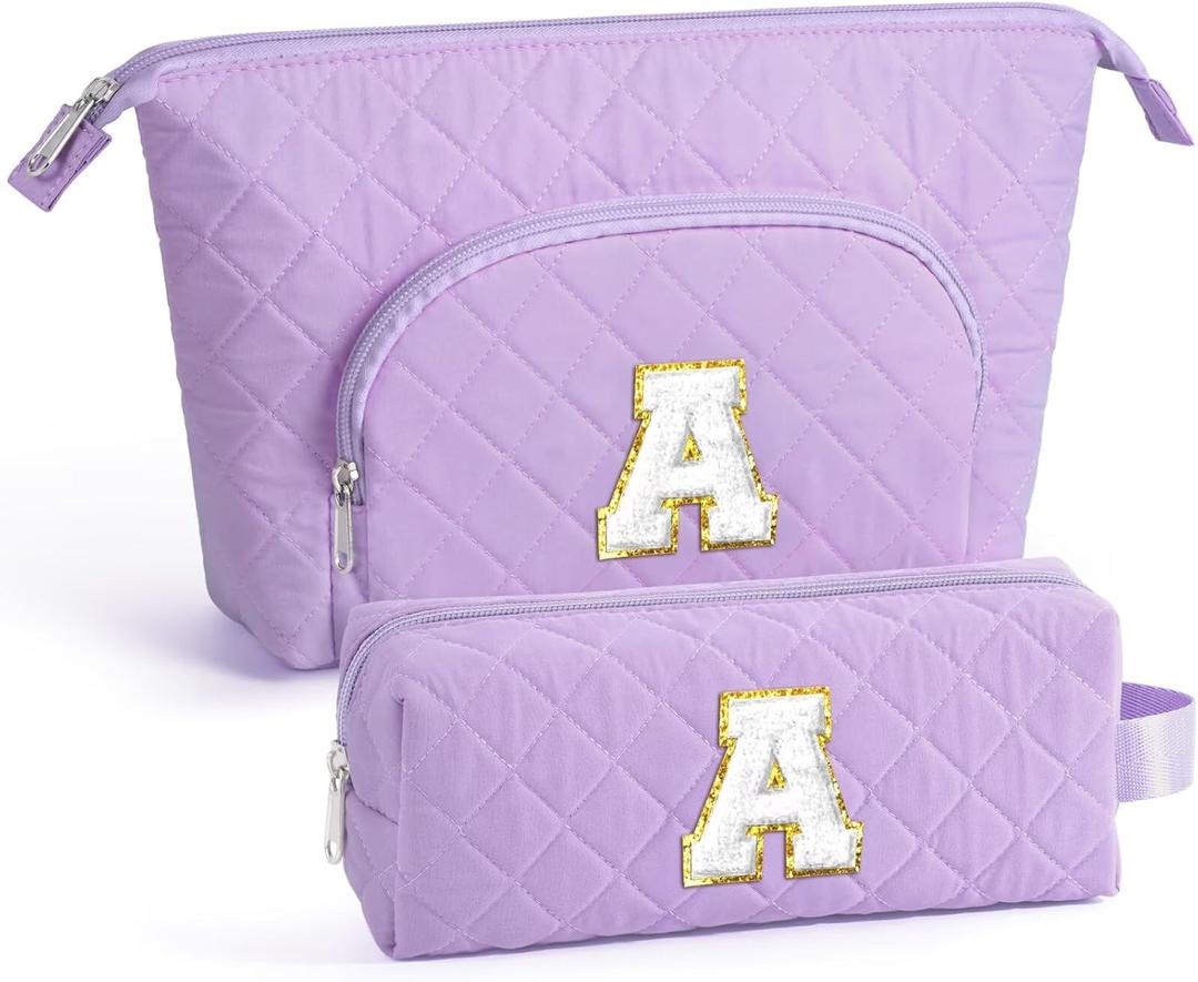 YOOLIFE Initial Makeup Bag Cosmetic Bag Toiletry Pouch - Personalized Birthday Gifts for Women Teen Girls Mom Daughter Sister Friends, Purple A
