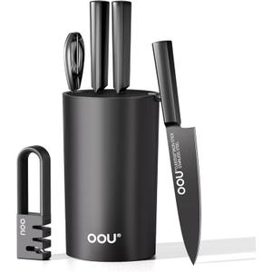 OOU Knife Set with Block and Sharpener, 6 Pcs High Carbon German Steel Kitchen Knife Block Set with Universal Knife Holder, Dishwasher Safe Knife Set for Small Kitchen, Space-Saving, Anti-Rust (black04)