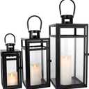 Hanging Decorative Black Iron Lanterns Set of 3 - Assorted Sizes- with Tempered Glass (Candles not Included) Rust Resistant - Indoor and Outside