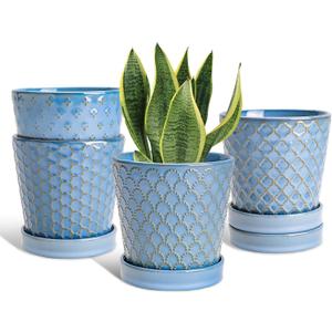 Plant Pots, 5 Inch Pots for Indoor Plants, Planters with Drainage Hole and Saucer, Ceramic Flower Pots Desktop Office Windowsill Decoration Gift Set of 4 - Sky Blue