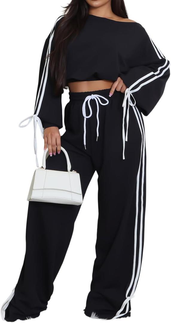 SxClub Two Piece Outfits for Women Casual Sweatsuits Pullover Tracksuit Workout Pants Set, Large