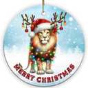 Christmas Ornament - Lion Merry Christmas Ceramic Ornament, Xmas Tree Decoration, Hanging Ornament, for Family, Friends, Animal Lovers