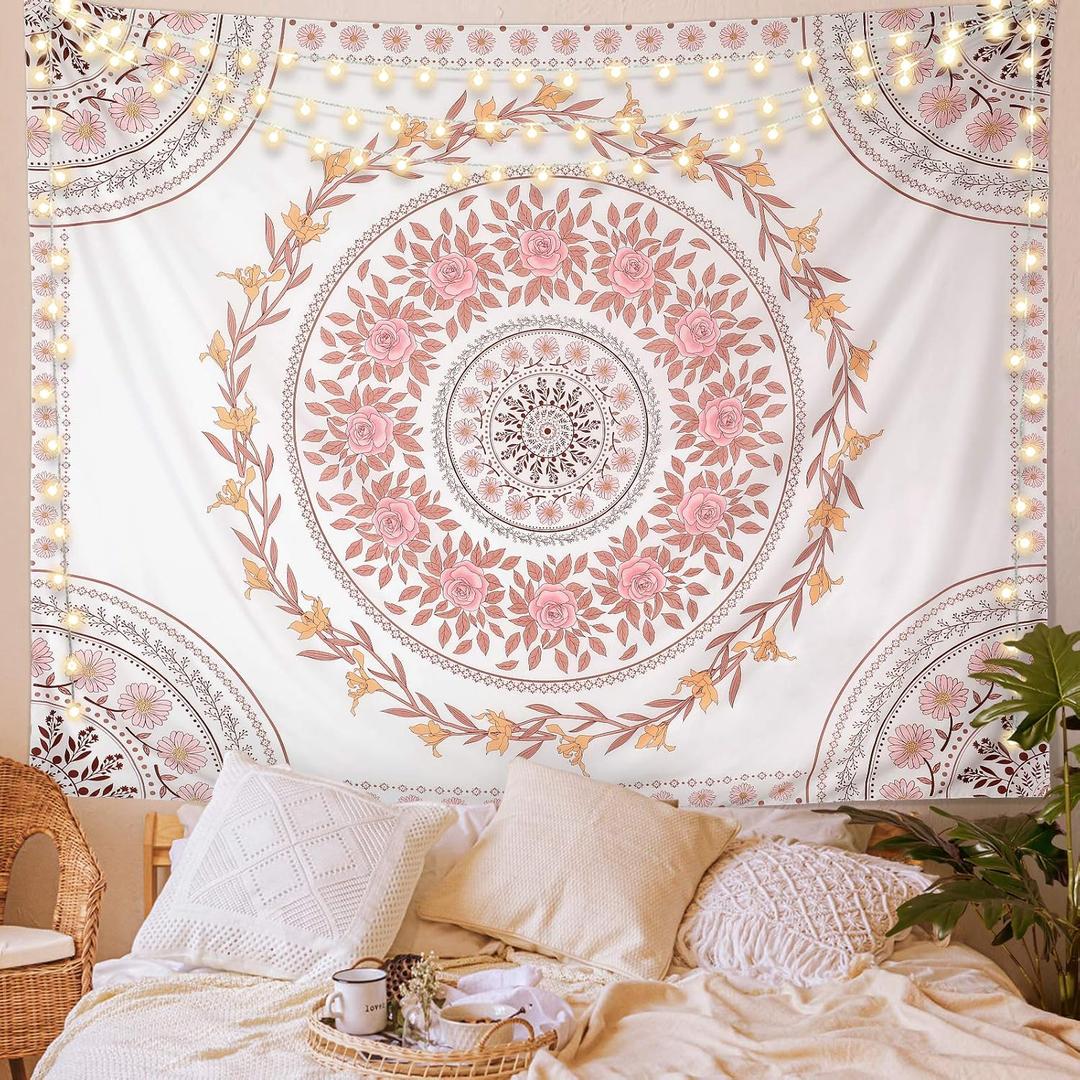 FLY SPRAY Mandala Tapestry Aesthetic,Boho Tapestries Wall Hanging,Dark Rose Floral Medallion Tapestrys,Bohemian Wall Art Hippie Decor for Bedroom Living Room Ceiling (92L" x 71W")