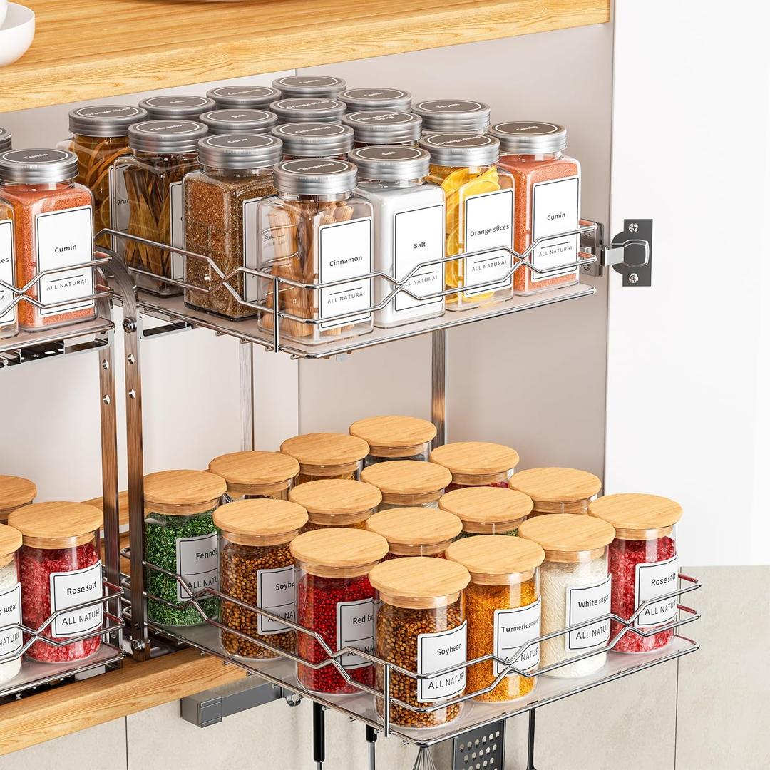 Pull Out Spice Rack, 2 Tier Spice Organization for Cabinet, Heavy Duty Spice Rack, 9-1/4 inch Wide - Spice Racks for Inside Cabinets, Kitchen, Pantry - Chrome, 9.25W x 10.39D x 9.76H
