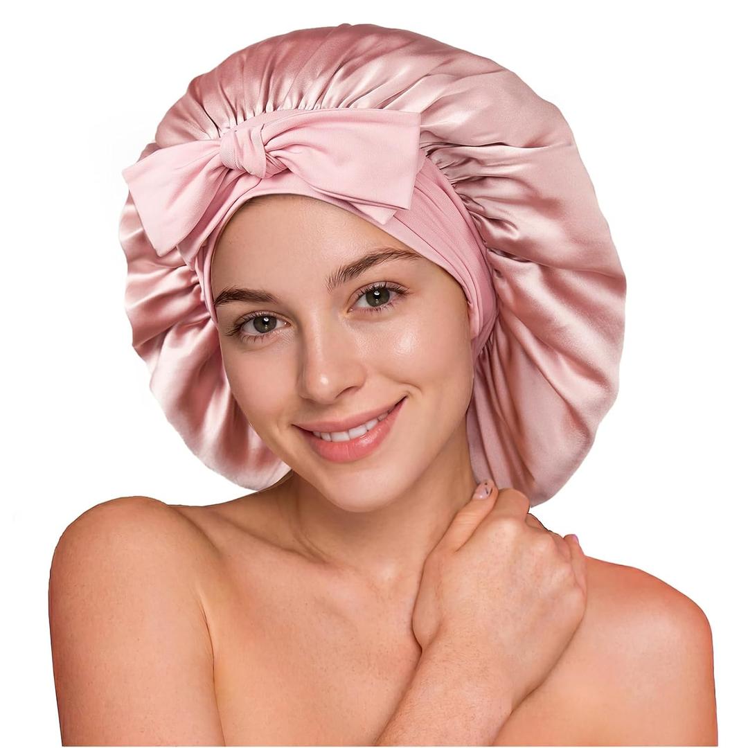 YFONG 100% 22 Momme Mulberry Silk Bonnet for Sleeping Women, Larger Double Layer Silk Hair Wrap for Curly Short Long Hair, Non-Slip Sleep Cap Turban with Elastic Tie Band for Hair Care, Pink