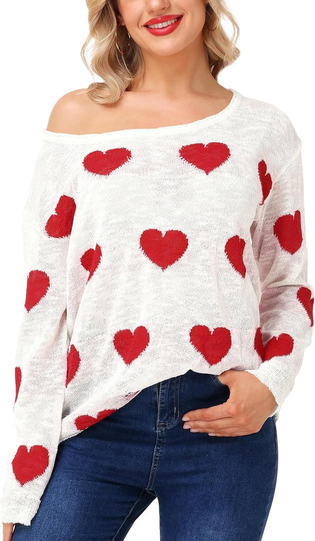 Womens Valentine Off Shoulder Shirt Long Sleeve Knitted Shirts Loose Heart Ripped Tops, S