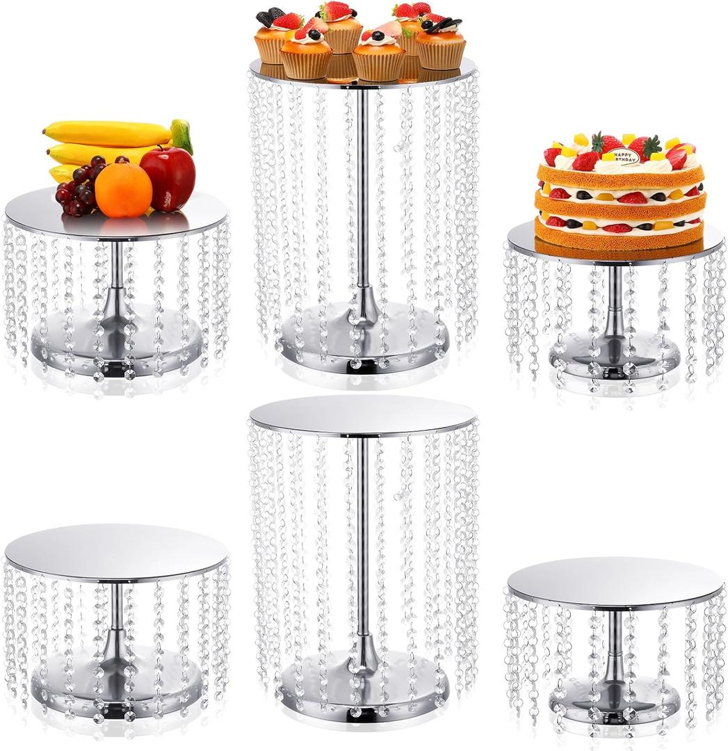 Set of 6 Metal Cake Stands with Crystal Pendant Round Dessert Display Plate Cupcake Holder Pedestal for Wedding Party Birthday Baby Shower Anniversary Celebration Home Decor (Silver)