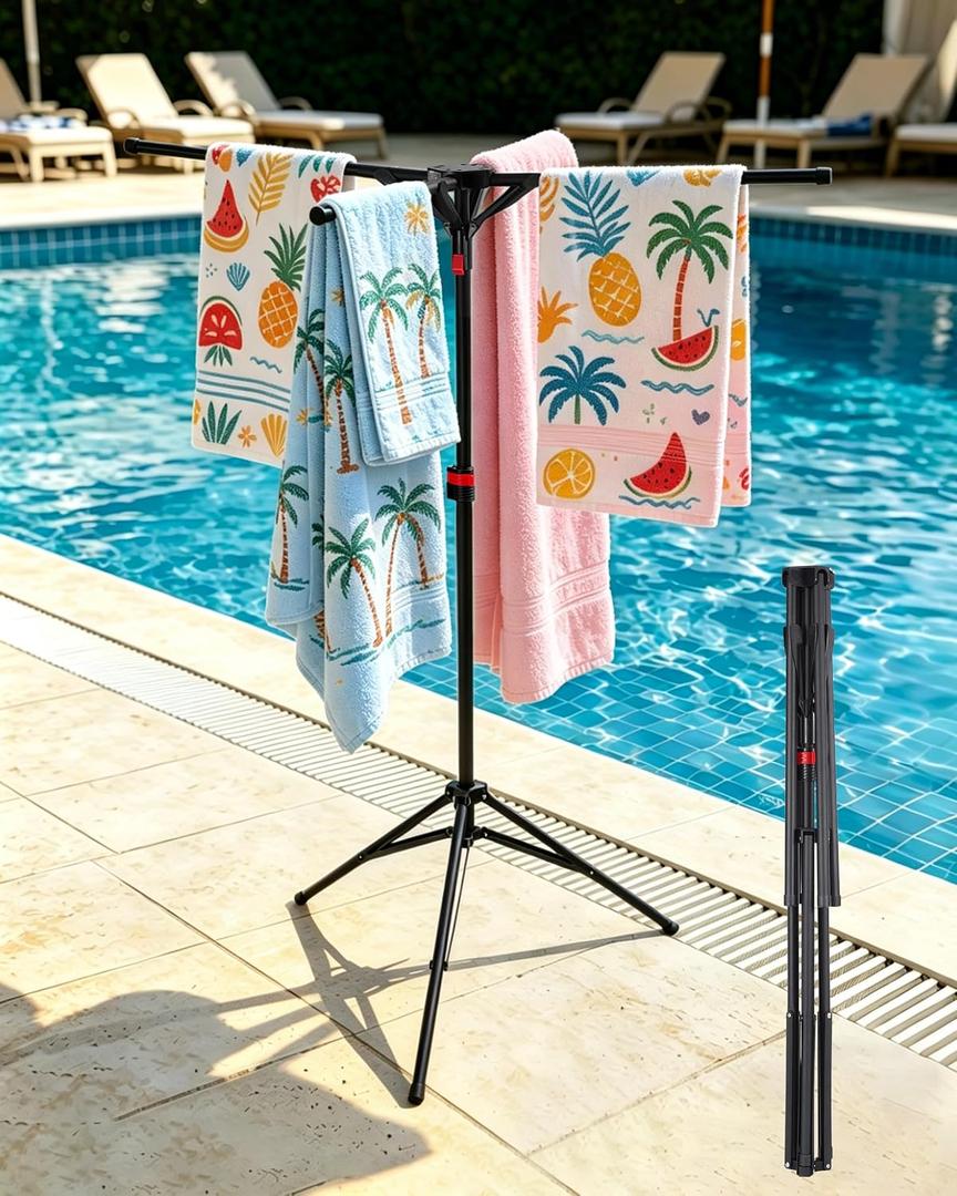 Pool Towel Rack Outdoor, 4 Arms Adjustable 51-71 Inch Freestanding Foldable Drying Rack for Pool, Camping, Backyard, Rust-Resistant Steel, Holds Towels & Swim Gear