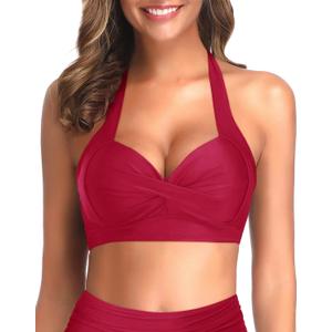 Tempt Me Women Halter Bikini Tops Push Up Retro Bathing Suits Padded Swimsuit Top Only No Bottom (Small, Red)