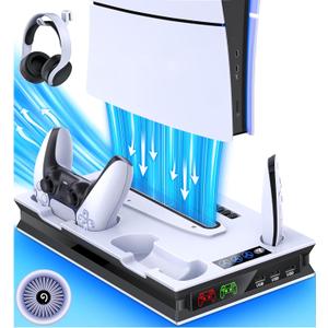 PS5 Pro/Slim/Ps5 Stand and Cooling Station with Controller Charging Station for Playsation 5 Disc Digital Consoles, PS5 Accessories Incl. 3 Levels Cooling Fan, 3 USB Hub, Headset Holder, Media Slot