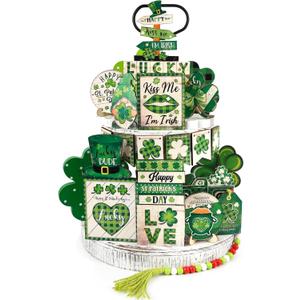 Tenn Well 25-Piece St. Patrick's Day Decor Set, Shamrock Wooden Tray Decor, Irish Green Truck Shamrock, Rustic Farmhouse Tiered Tray Essentials for St. Patrick's Day Supplies
