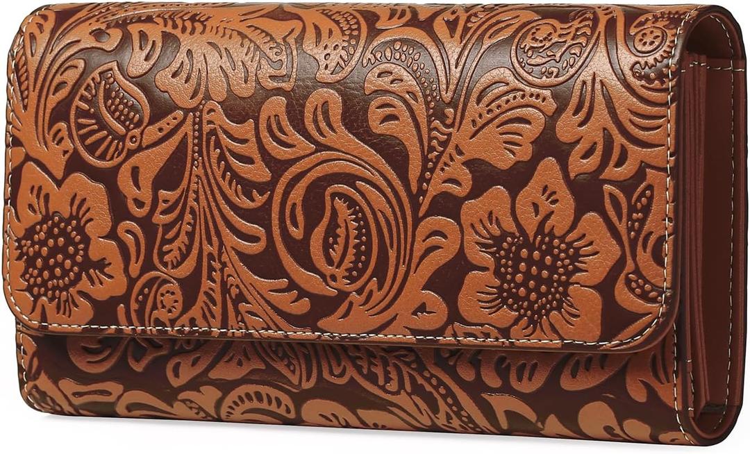 GOIACII Women's Wallet RFID Blocking Long Clutch Ladies Purse Vegan Leather Embossed Flower Brown