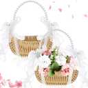 Taiyin 2 Pcs Wicker Flower Girl Basket with Pearl Handle and Ribbon Bow Cute Small Half Moon Shape Basket for Wedding Flowers Gifts Outdoor Picnic Home Party Decoration