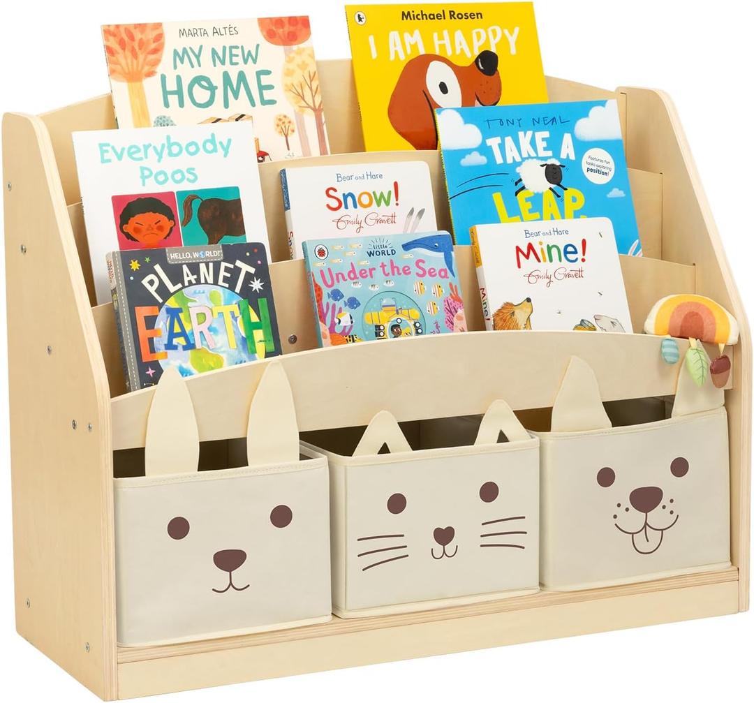 OOOK Kids Wooden Bookshelf with 3 Storage Box, 3-Tier Montessori Bookshelf | Kid Reachable Height, Wooden Front Facing Bookshelves for Kidsroom, Classroom, Playroom, Nursery, Large