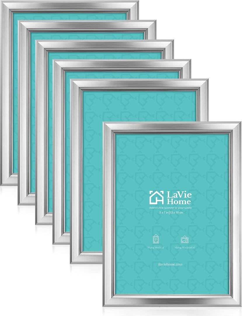 LaVie Home 5x7 Picture Frames (6 Pack, Silver) Simple Designed Photo Frame with High Definition Glass for Wall Mount & Table Top Display, Set of 6 Classic Collection
