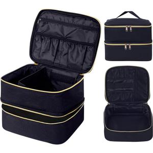 Double Layer Makeup Bag Portable Large Cosmetic Case Organizer with Adjustable Dividers Storage Travel Bag for Accessories Brushes Conditioner and Skin Care Products (Black)