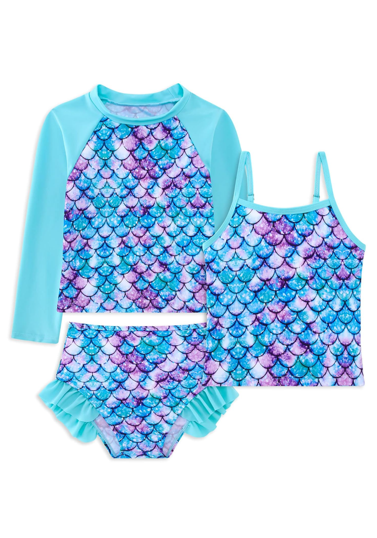 swimsobo Girls 3-Piece Swimsuit Long Sleeve Rash Guard Tankini Sets UPF Sun Proction Bathing Suit 4T