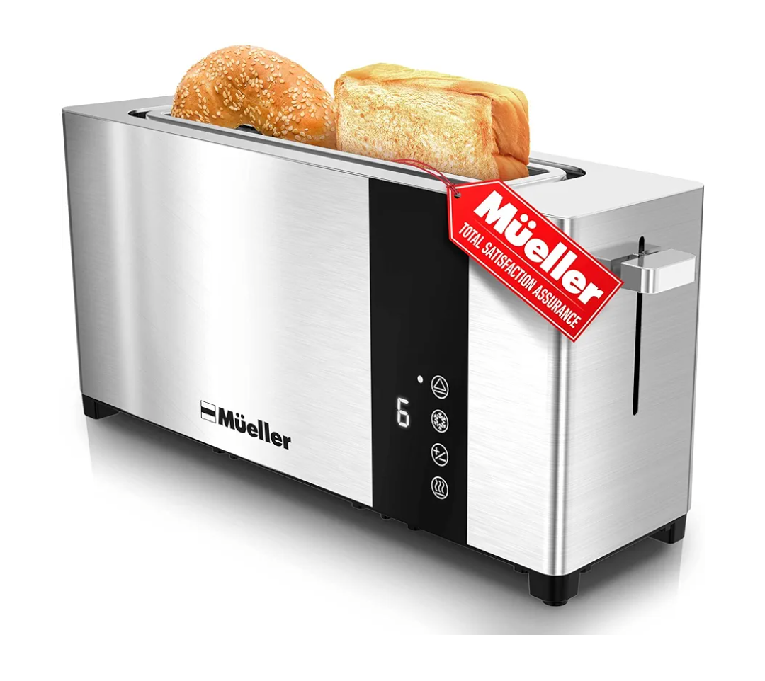Mueller UltraToast Full Stainless Steel Toaster 2 Slice, Long Extra-Wide Slots with Removable Tray, Cancel/Defrost/Reheat Functions, 6 Browning Levels with LED Display, Housewarming Gifts New Home