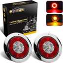 Partsam 4" Inch Round Truck Trailer Led Tail Stop Brake Lights Taillights Running Red and Amber Parking Turn Signal Lights, Sealed Dual Color Round Led Lights w/Miro-reflectors Flange Mount (2Pack)