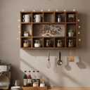 Cinnvoice Oversize Coffee Mug Display Shelf for Wall Wood Coffee Mug Rack Wall Mounted Shelf Cubes Cup Hooks Hanger with Bar Sign Decor for Kitchen Station Bar Accessories(Rustic Brown)