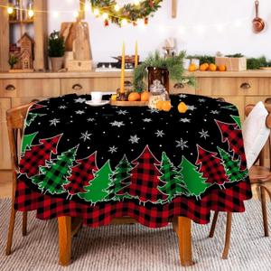 Pinata Round Christmas Tablecloth 60 Inch, Christmas Trees Table Cloth, Black Buffalo Plaid Winter Xmas Tablecloths and Snowflake for Kitchen Dining Decor