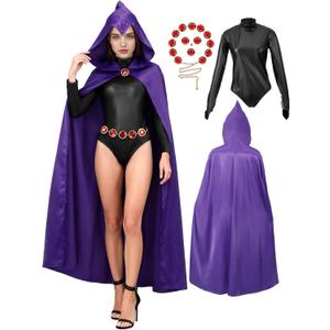 Women Raven Cosplay Costume Deluxe Jumpsuit Purple Hooded Cloak with Red Stones Chain for Cosplay Suit for Adult Raven Costume, Large