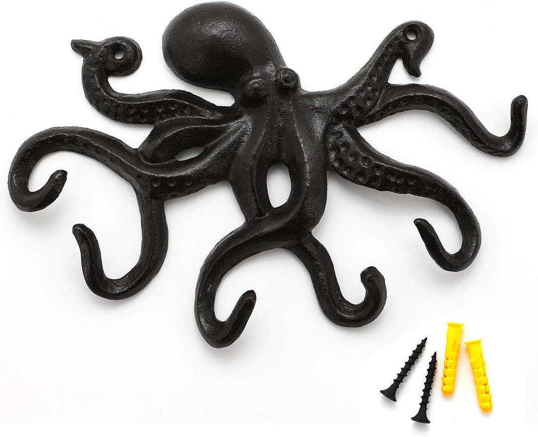 Key Holder for Wall, Octopus Coat Hooks Wall Mounted Towel Hooks, Heavy Duty Key Hooks Decorative with 6 arms (Black)
