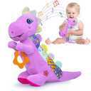 Pack of 2 Baby Dino Musical Stuffed Animal Toys for 0-3-6-9-12 Months，Infant Dinosaur Tummy Time Toys with Crinkle Sound Paper，Teether，Textures & Rattles for Newborn Boys Girls Birthday Gifts，Purple