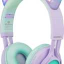 Riwbox Kids Wireless Headphones, CT-7S Cat Ear Bluetooth, 85dB Volume Limiting, LED Light Up Over Ear with Microphone for Laptop/PC/TV (Purple&Green)
