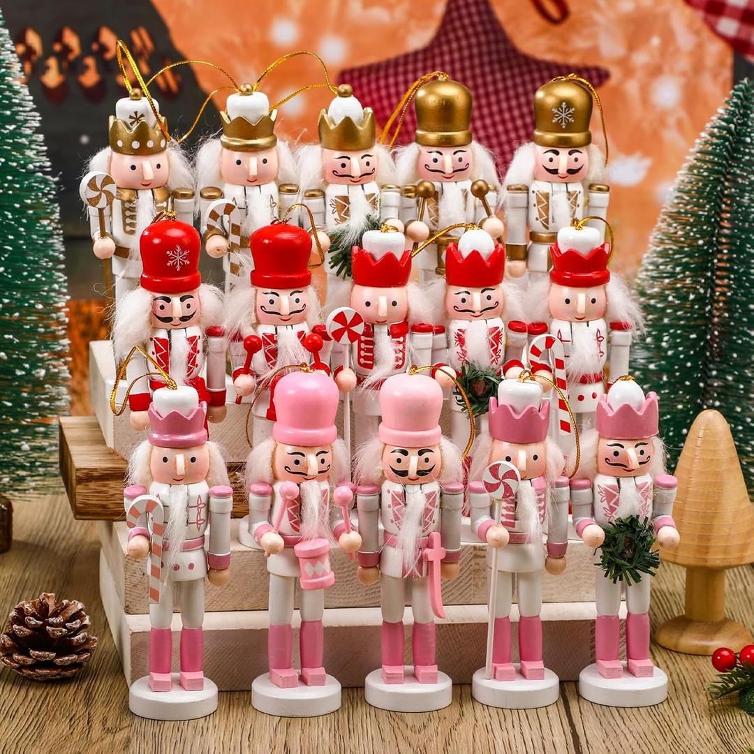 RoundFunny 15 Pcs Christmas Nutcracker Ornaments Wooden Hanging Nutcracker Decorations Christmas Soldiers Figures Decorations