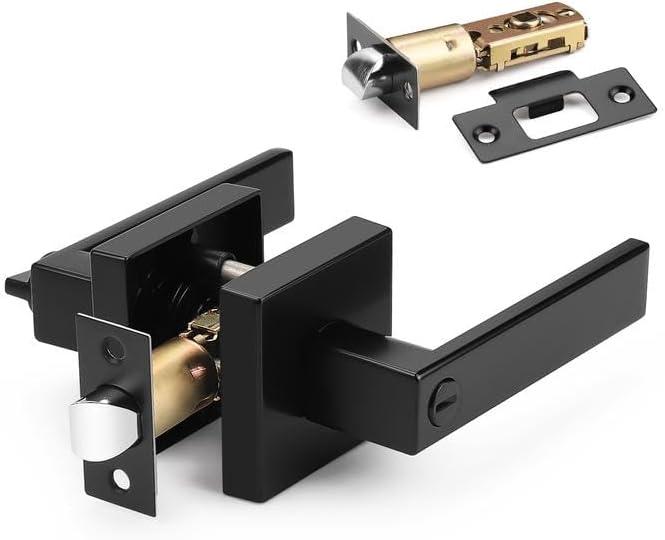 Probrico 1 Pack Square Privacy Door Levers Black Privacy Door Lock Handleset Keyless Lockset Door Knobs Interior Handles for Bedroom & Bathroom