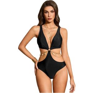 OYOANGLE Women's One Piece Swimsuit Ring Linked Cut Out Bathing Suit High Cut Swimwear (X-Large, Black)