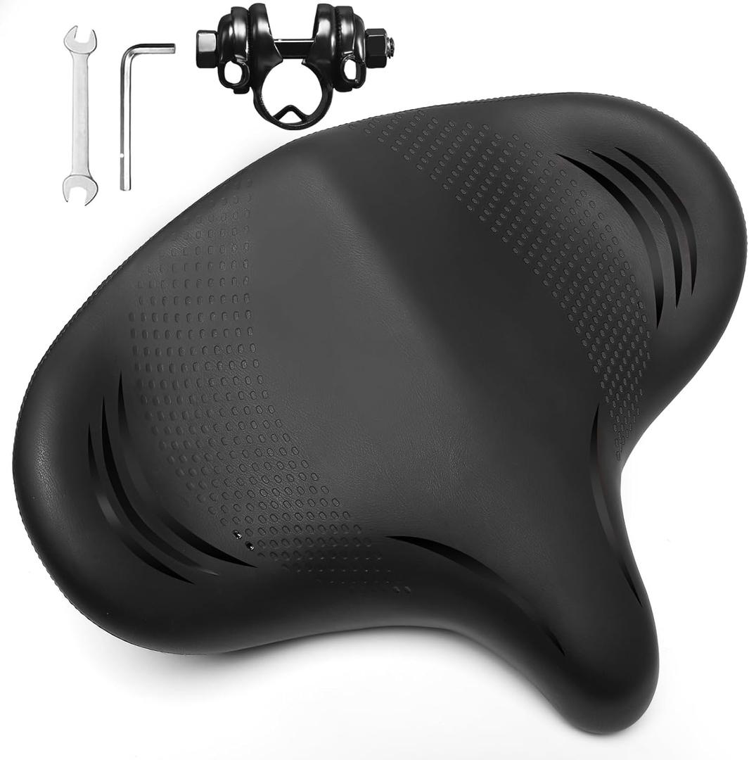 BUCKLOS Extra Wide Comfort Bike Seat Cushion for Men Women - Bicycle Big Soft Foam Padded Seats for Exercise Bike/Peloton/Ebike/Stationary Bike/Spin Bike (W14"-Oversized comfy rides-Black)